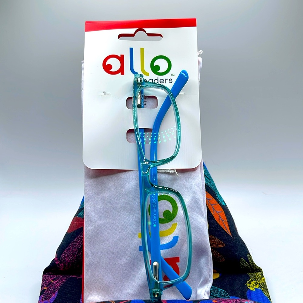 NWT. Allo 1.25 Readers. Aqua frames and black arms.